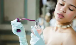 Elegancka kobieta w rękawiczkach aplikuje perfumy. Dowiedz się, jak sprawdzić oryginalność perfum, by cieszyć się pięknym zapachem.