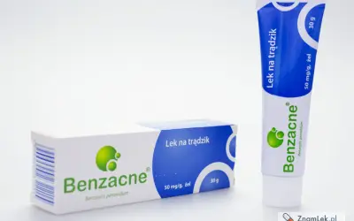 Opakowanie i tubka żelu na trądzik Benzacne. Szukasz benzacne zamiennik? Ten lek z nadtlenkiem benzoilu to skuteczna opcja.