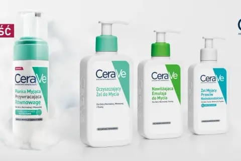 Kolekcja produktów CeraVe: pianka, nawilżająca emulsja i oczyszczający żel do mycia.