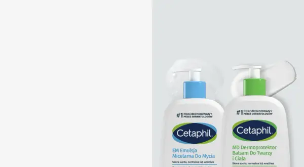 Dwa produkty Cetaphil: emulsja micelarna i balsam do twarzy i ciała, rekomendowane przez dermatologów.