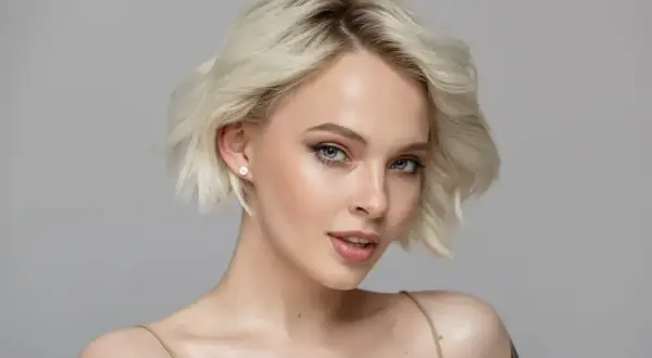 Blondynka z idealnymi rzęsami efekt kim, delikatny makijaż i subtelny uśmiech.