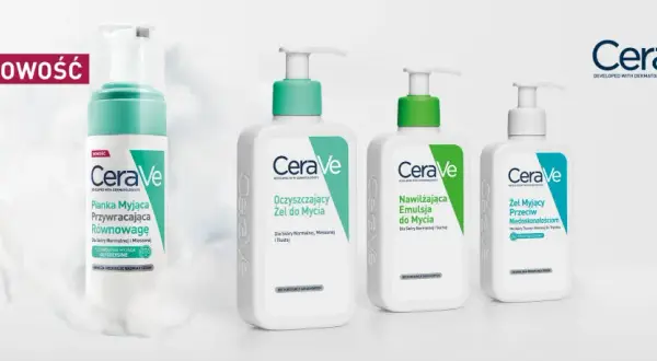 Kolekcja produktów CeraVe: pianka, nawilżająca emulsja i oczyszczający żel do mycia.