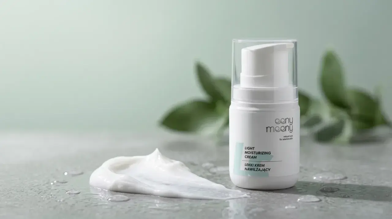 Lekki krem nawilżający eeny meeny w białej butelce z pompką, obok rozmazanej porcji kremu. Produkt jest niekomedogenny, idealny dla wrażliwej skóry.