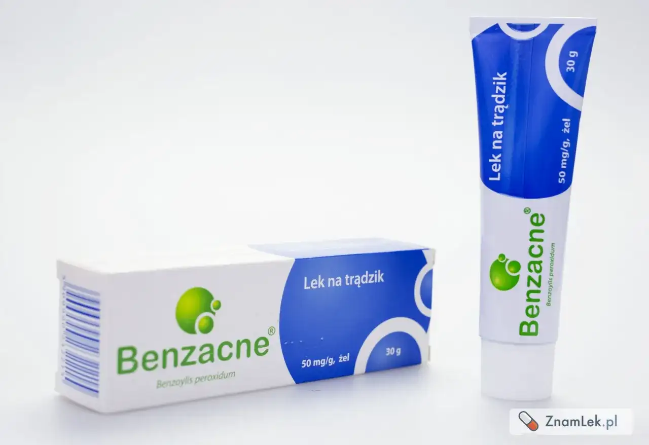 Opakowanie i tubka żelu na trądzik Benzacne. Szukasz benzacne zamiennik? Ten lek z nadtlenkiem benzoilu to skuteczna opcja.