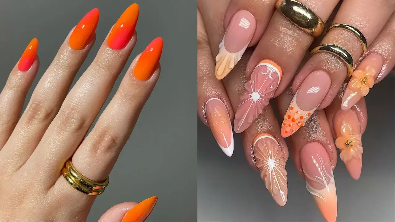 Letnie pomarańczowe paznokcie w stylu ombre i z motywami cytrusów. Idealne na wakacje!