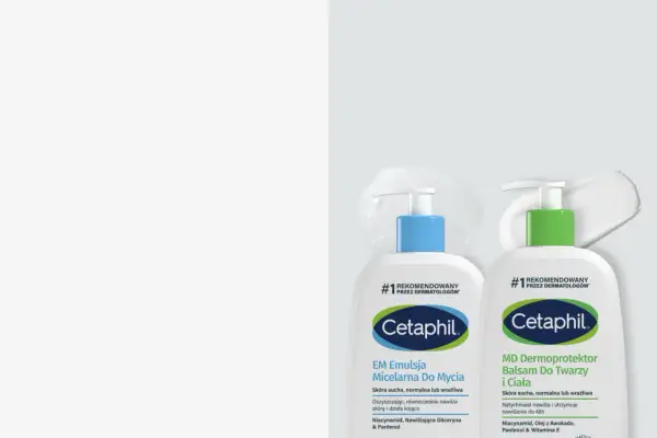 Dwa produkty Cetaphil: emulsja micelarna i balsam do twarzy i ciała, rekomendowane przez dermatologów.