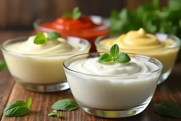 Cztery miseczki z sosami: majonez, musztarda, ketchup i śmietana do sosów, ozdobione listkami mięty.