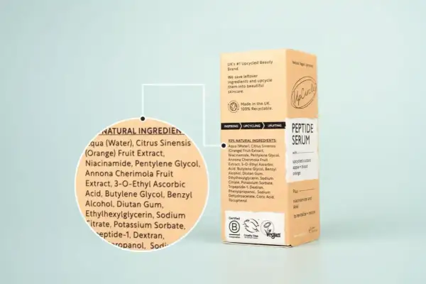 Serum z peptydami zawiera ekstrakt z pomarańczy, który jest źródłem limonenu. Składniki pochodzą z recyklingu.